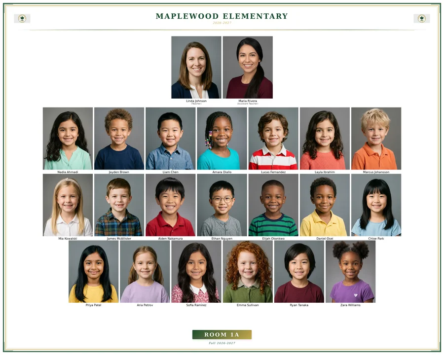 Finished class composite for Maplewood Elementary Room 1A: a grid of student portraits with names under each, framed with the school colors.